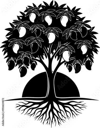 Black silhouette shows a leafy mango tree bearing ripe fruit on fertile land