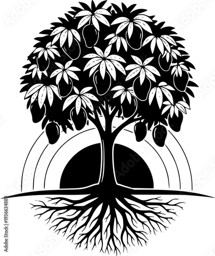 Black silhouette shows a leafy mango tree bearing ripe fruit on fertile land