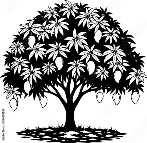 Black silhouette shows a leafy mango tree bearing ripe fruit on fertile land