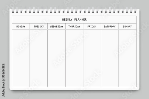 Weekly planner mockup. Vector illustration isolated on grey background. Can be use for template your design, presentation, promo, ad. EPS10.