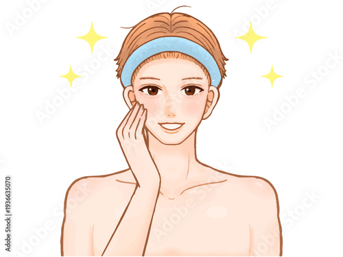スキンケアするヘアバンドをつけた茶髪大人男性の美容イラスト素材3