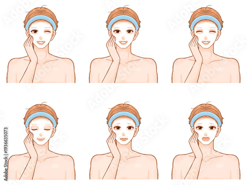 メンズエステでスキンケアする大人男性の美容イラスト素材セット