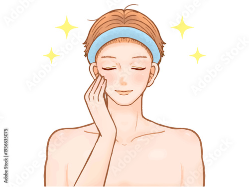 スキンケアするヘアバンドをつけた茶髪大人男性の美容イラスト素材2