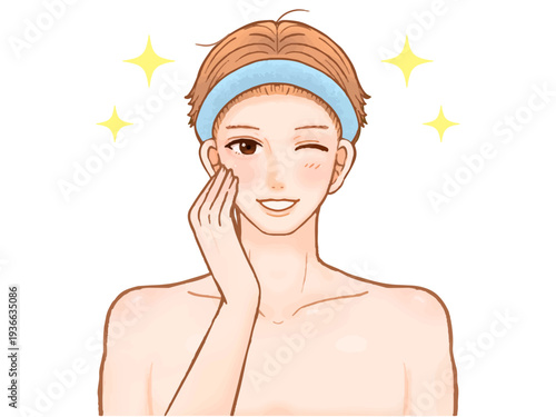 スキンケアするヘアバンドをつけた茶髪大人男性の美容イラスト素材