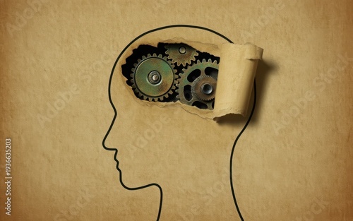 A creative illustration of a human head with gears inside the brain