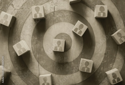 A sepia-toned image of wooden blocks with people icons arranged in a target pattern