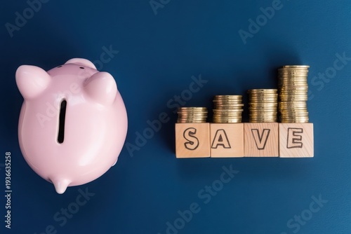 A pink piggy bank and wooden blocks with coins on a blue background