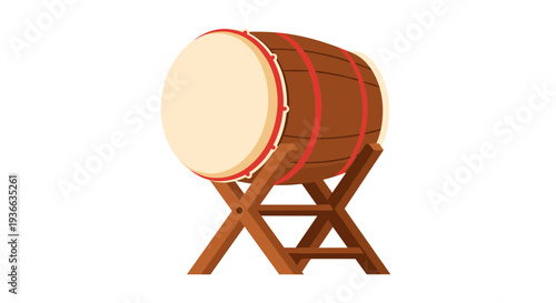 A wooden barrel on a stand, isolated on a white background.