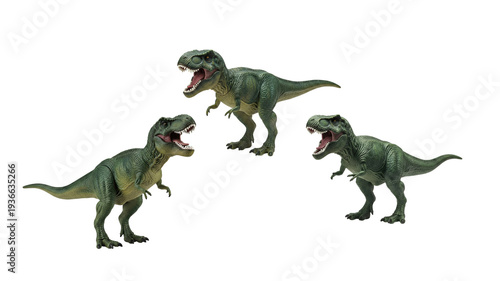 Green tyrannosaurus dinosaur figure isolated on transparent background, prehistoric animal toy concept.