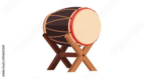 Traditional drum on a wooden stand, percussion instrument, cultural heritage, music, rhythm, entertainment.