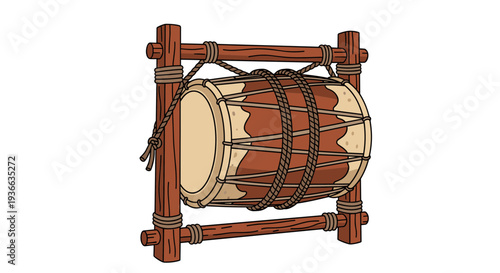 Traditional Indian Dholak Drum Illustration with Wooden Frame.