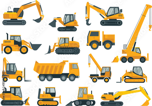 Construction machinery vector set featuring excavators, bulldozers, dump trucks, loaders and cranes isolated on white background illustration