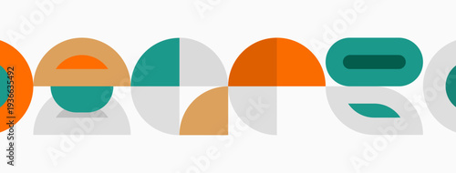 Retro design features overlapping semicircles, creating abstract shapes. Colors include blue, green, orange, gray. Minimalist aesthetic.