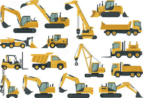 Heavy construction equipment set with excavators, dump trucks, bulldozers, loaders and crane vehicles isolated on white background vector illustration