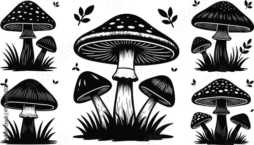 Black Mushroom Silhouette Vector Set Featuring Toadstools With Spotted Caps Fungi In Grass And Forest Mycology Icons For Nature Woodland And Autumn Design Projects