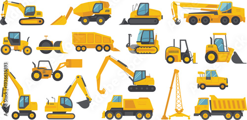 Heavy construction machinery set with excavators, cranes, bulldozers, loaders and dump trucks isolated on white vector illustration