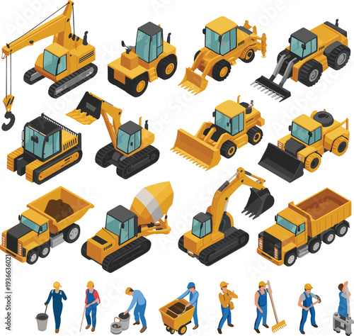 Isometric construction machinery and workers set with excavators, loaders, dump trucks and builders isolated on white background