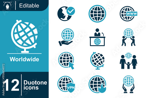 Worldwide Globe and Internet Icons Set Global Connectivity, Business, and Digital Network Symbols