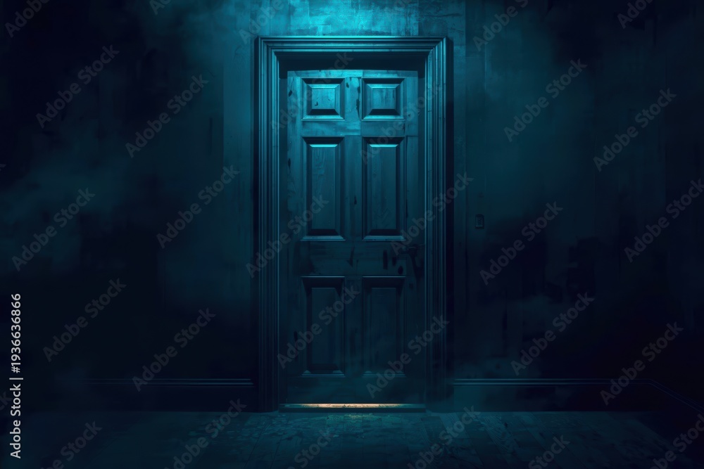 Fototapeta premium Dark door stands in misty, eerie hallway