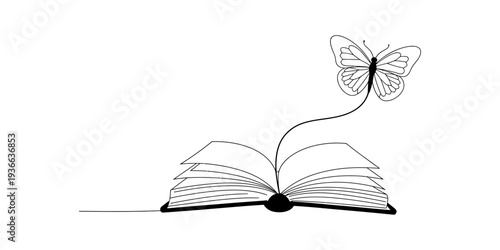 Open Book with Butterfly Emerging: Symbol of Knowledge, Imagination, and Transformation, Clean Line Art Illustration
