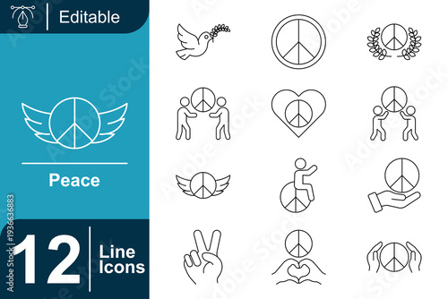 Set of 12 editable line icons representing peace, including symbols like peace signs, doves, hands forming hearts, and people holding peace signs, designed for various applications