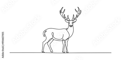 Elegant Deer Stag One Line Drawing Silhouette, Majestic Antlers, Minimalist Continuous Line Art, Isolated on White Background