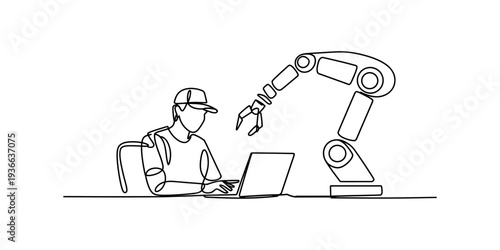 Man with cap programming on laptop with robotic arm assisting in futuristic technology concept illustration