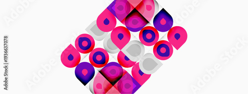 Abstract pattern features overlapping circles, squares. Pink, purple hues dominate white background. Geometric design creates dynamic visual texture.