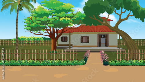 Cartoon House with Green Garden and Wooden Fence