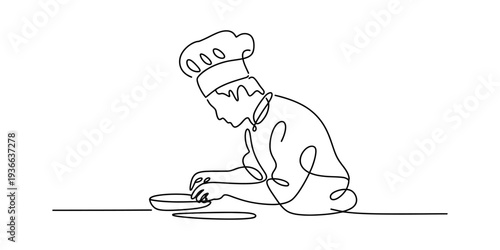 Chef in continuous line drawing style, focused on preparing food with a bowl and utensils, minimalist artistic representation of culinary arts.