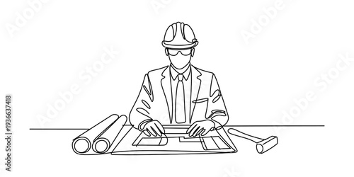 Architect or engineer at desk with blueprints and hard hat, planning construction project with precision drawing