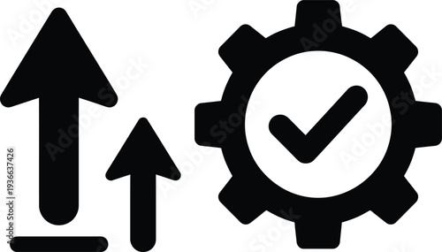 Arrow icons and gear with checkmark, concept of successful process and progress, upload, task completion