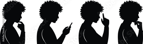 Black profile silhouettes of a young man with curly hair in different poses including thinking, using a smartphone, and gesturing on white background