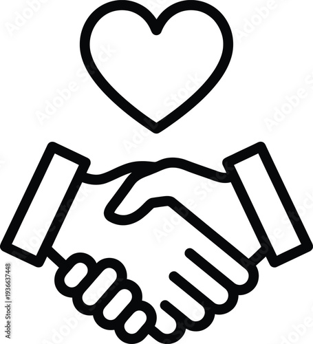 Shaking hands with heart above, symbol of partnership, agreement, trust, and successful collaboration