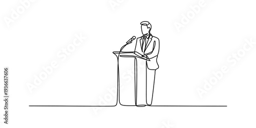 Business man speaking at a podium with microphone, single line drawing, concept of presentation, speech, conference, and public speaking event.