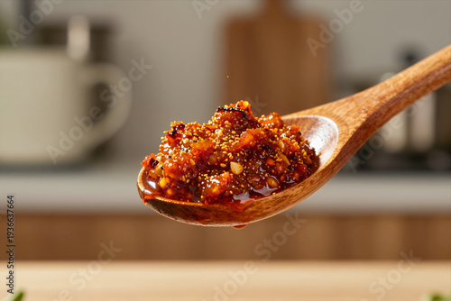 Close-up of Spicy Chili Paste on a Wooden Spoon in a Kitchen Setting with Blurred Background and Droplets Falling