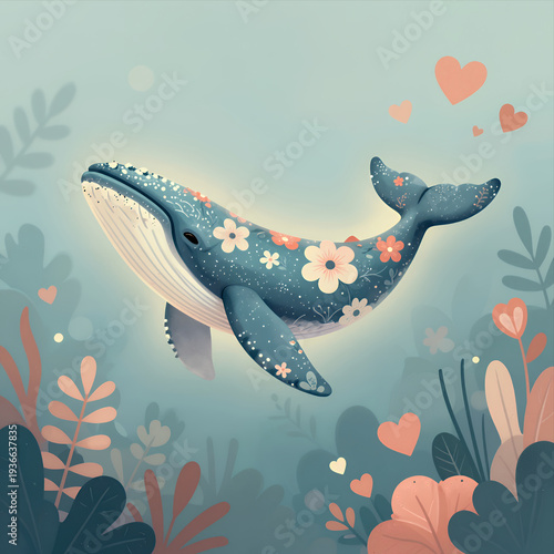 Cute Cartoon Whale Swimming Underwater Adorned with Flowers and Hearts in Soft Pastel Ocean Scene Illustration for Children Books or Greeting Cards