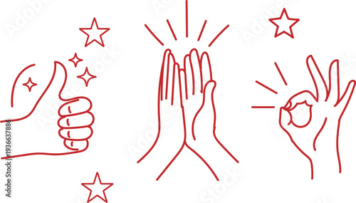 Red line drawing of thumbs up, clapping hands, and okay sign with stars