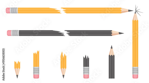 Pencils Vector Illustration Yellow and Black, Broken, Sharpened, and Used for School or Office Work