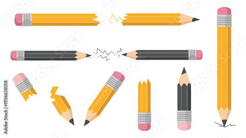 Pencils Vector Illustration Yellow and Black, Broken, Sharpened, and Used for School or Office Work
