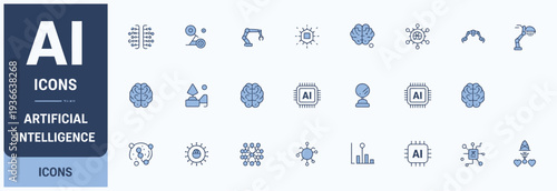 Artificial intelligence icons set with brain and chip
