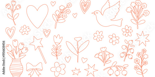 Collection of various cute hand drawn doodle flowers and hearts