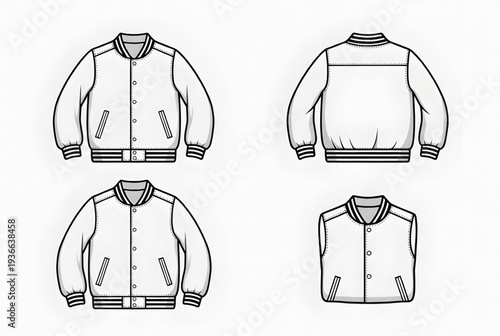 Bomber jacket technical drawings showcase multiple views including full front, back, and a sleeveless vest variation, providing comprehensive design flats for apparel manufacturing and stylistic.