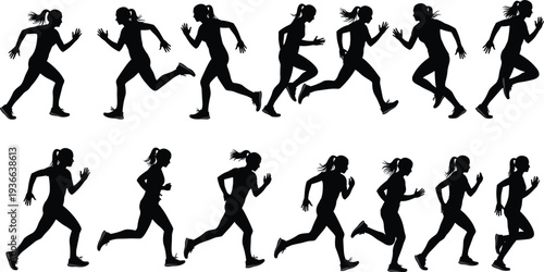 Vector illustration of running silhouettes showing dynamic motion sequence, athletic training, biomechanics study, human locomotion cycle in progressive phases