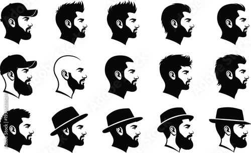 Vector illustration of diverse male profile silhouettes with different hairstyles, facial hair, hats, caps, arranged in grid fashion