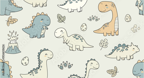 Cartoon Dinosaurs with Eggs, Volcano, and Footprints in Whimsical Prehistoric Kids Pattern