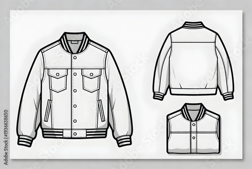 Varsity jacket technical drawing presents a detailed front view, a clear back view, and a cropped front illustration, highlighting essential design elements for apparel development in the fashion.