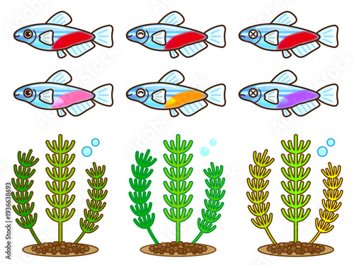 	ネオンテトラと水草のイラスト素材セット2