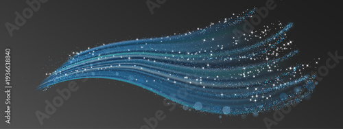 Blue glitter wave effect illustration. Vector flowing light trails with star particles and shimmer dust on dark background, symbolizing magic, luxury sparkle, and dynamic abstract motion concept.