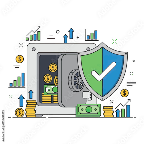 Safe with Shield and Currency Icons Depicting Financial Security and Investment Growth

